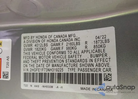 2022 Honda Civic Ex from USA, damaged, VIN 2HGFE1F73NH319225